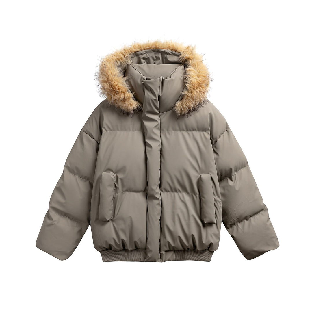 Damen Wattierte Kurzsteppjacke mit Kunstfellkapuze und geripptem Saum Drune
