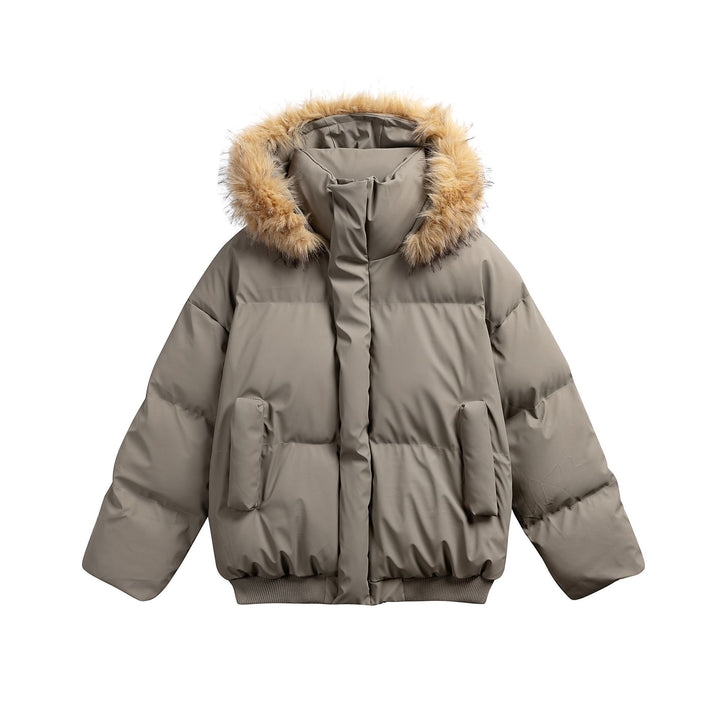 Damen Wattierte Kurzsteppjacke mit Kunstfellkapuze und geripptem Saum Drune