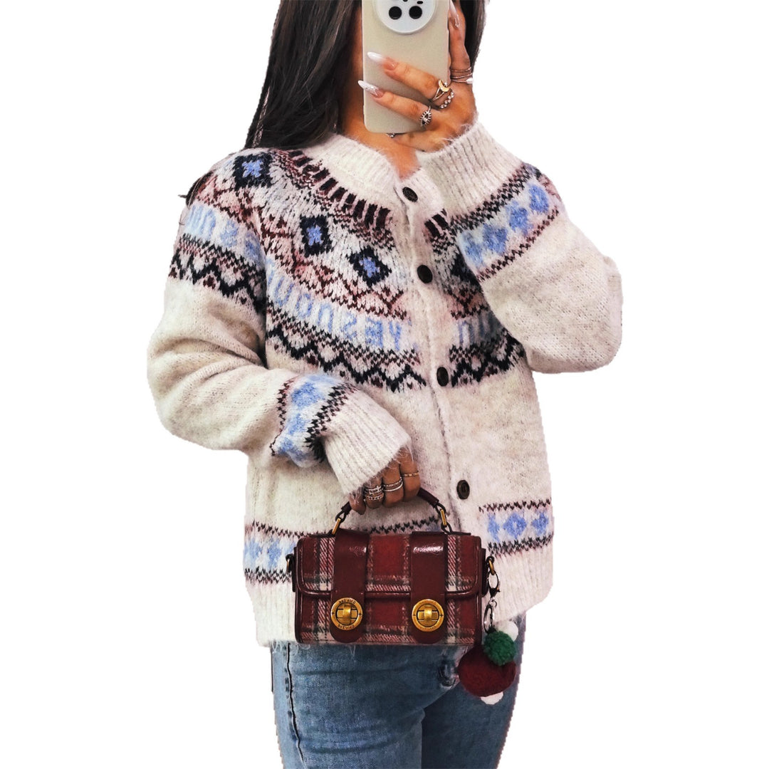 Damen kuschelige Strickjacke mit traditionellen Motiven und Knopfverschluss Drune