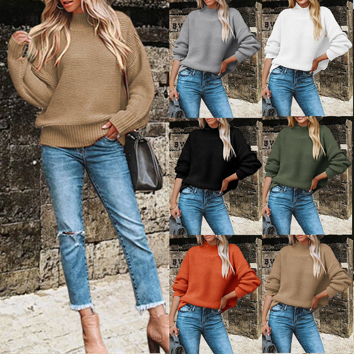 Damen Grobstrick Pullover mit hohem Kragen und überschnittenen Schultern Drune