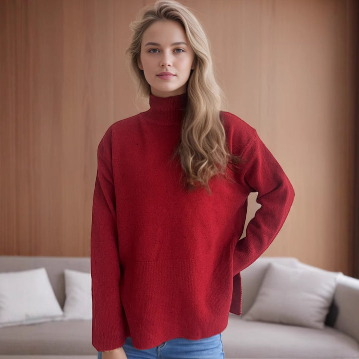 Damen lässiger Pullover mit hohem Kragen und praktischen Seitentaschen Drune