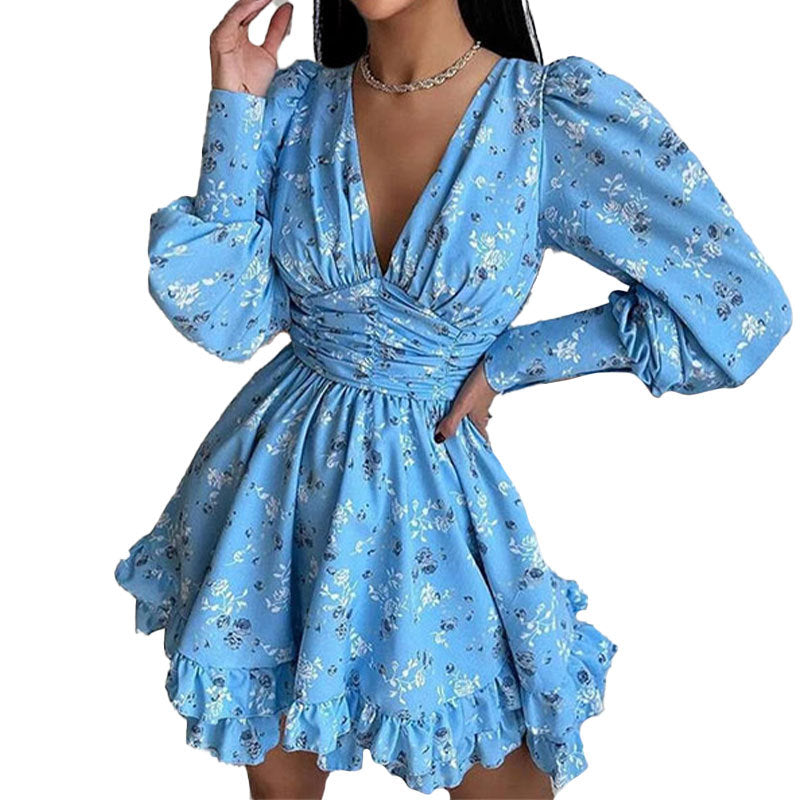 Damen kurzes Kleid mit lockeren Ärmeln und verspieltem Blumenmuster Drune