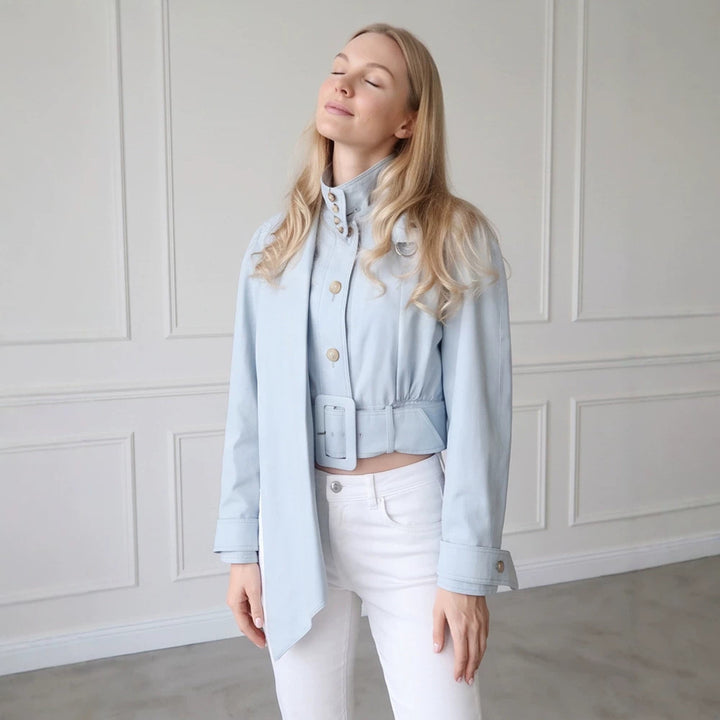 Damen Taillierte Cropped-Jacke mit überlanger Schluppe & breitem Taillengürtel Drune
