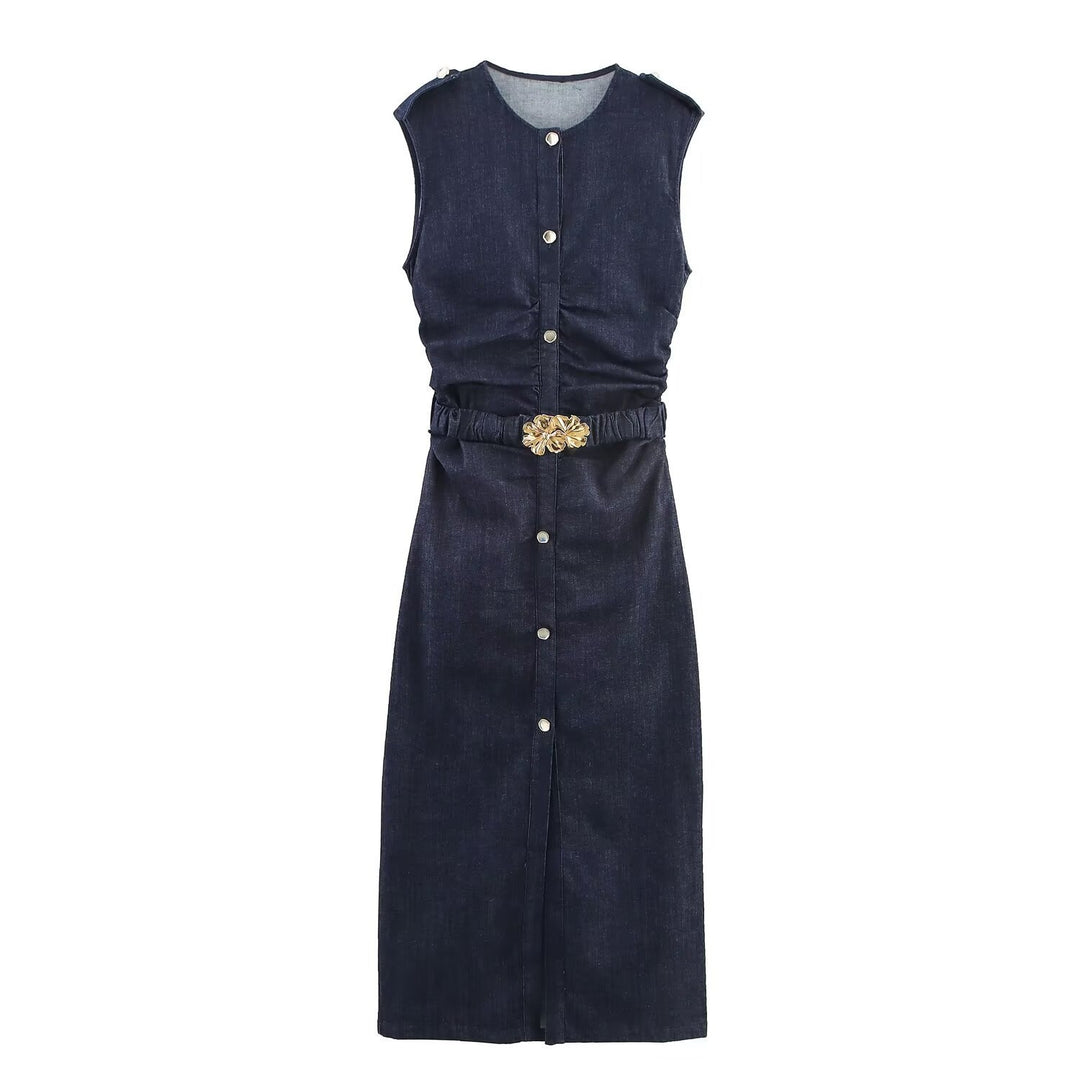 Damen Jeanskleid mit Wickelgürtel und eleganten Druckknöpfen Drune