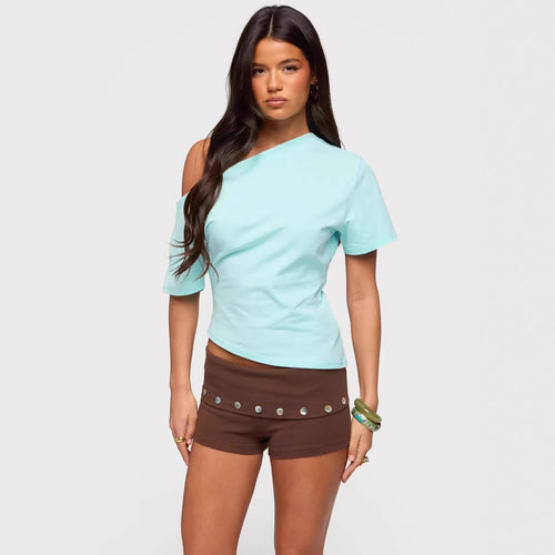 Damen asymmetrisches Oberteil mit schulterfreiem Design und kurzen Ärmeln Drune
