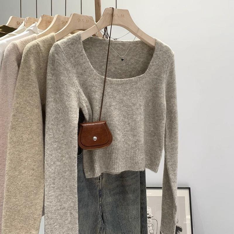 Damen lässiger Pullover mit quadratischem Ausschnitt und feiner Textur Drune