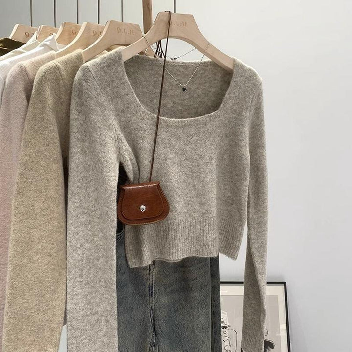 Damen lässiger Pullover mit quadratischem Ausschnitt und feiner Textur Drune