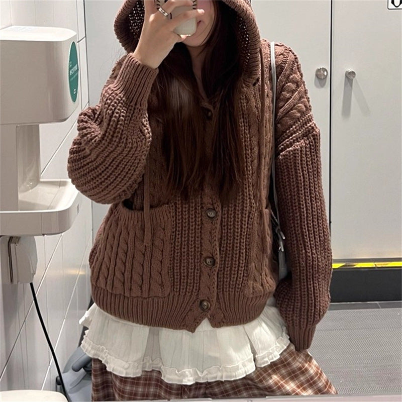 Damen Kuschelstrickjacke mit Kapuze und großen Taschen Drune