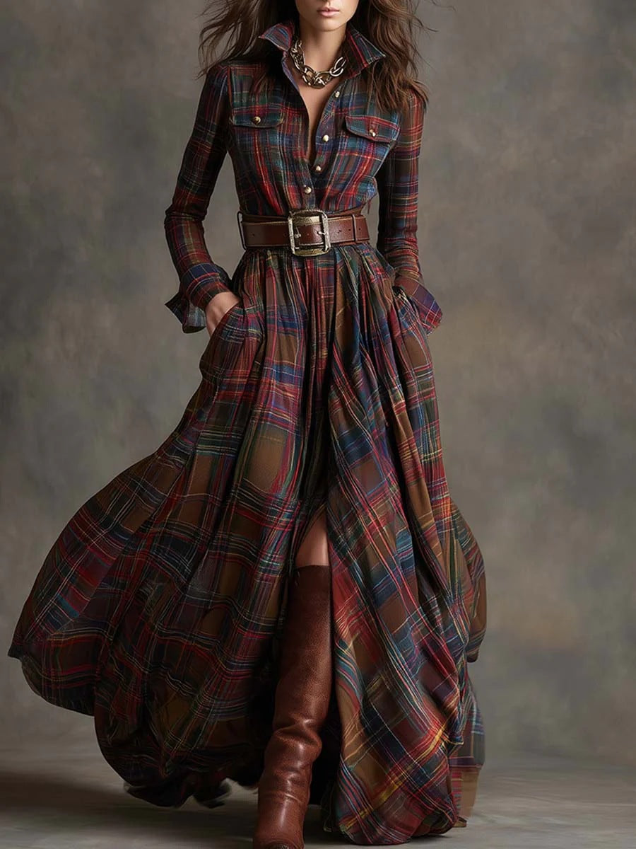 Damen nan karierte Maxikleid Hemdblusenkleid mit ausgestelltem Rock und breitem Taillengürtel Drune
