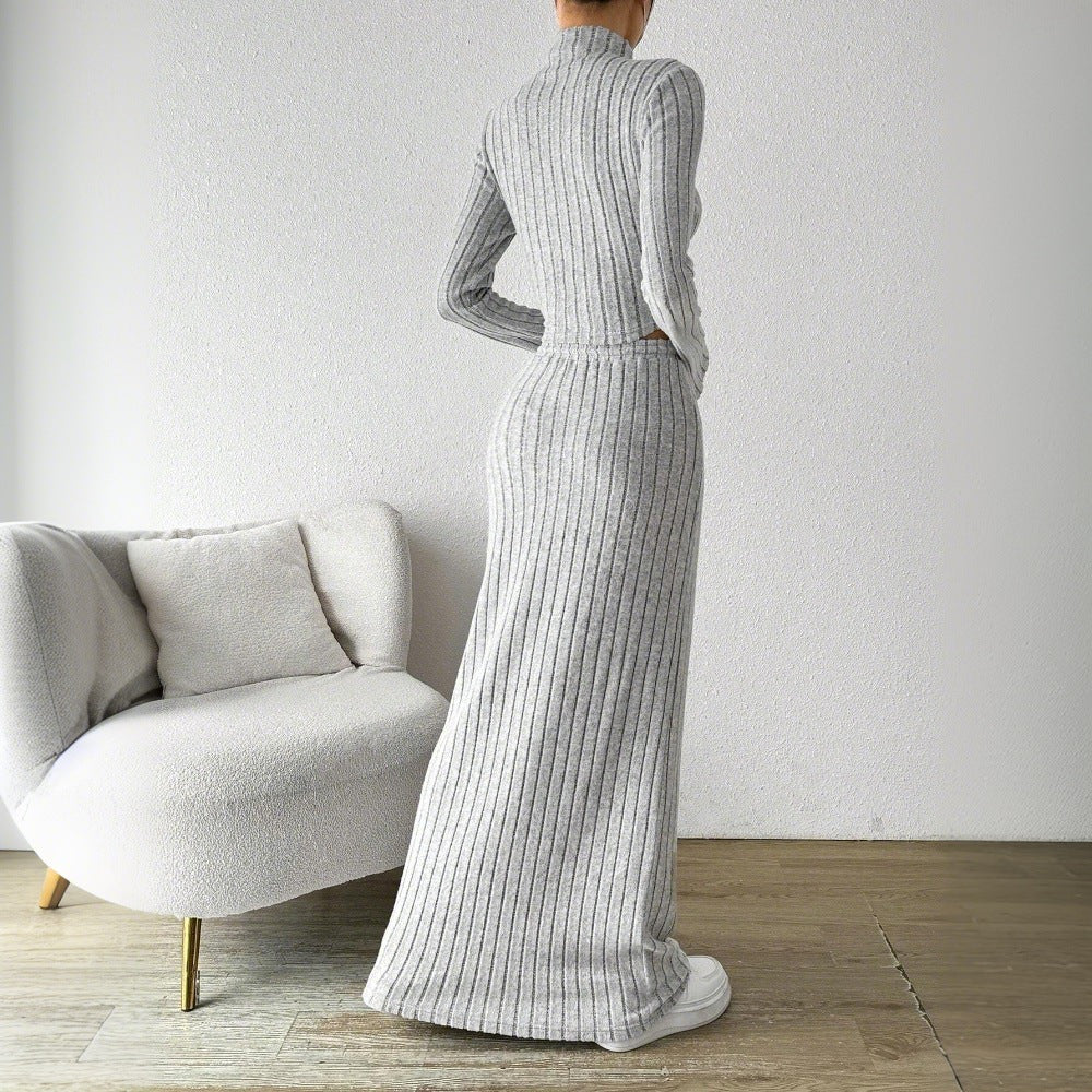 Damen gerippter Lounge-Zweiteiler mit Stehkragen-Crop und hochgeschnittenem Maxirock Drune
