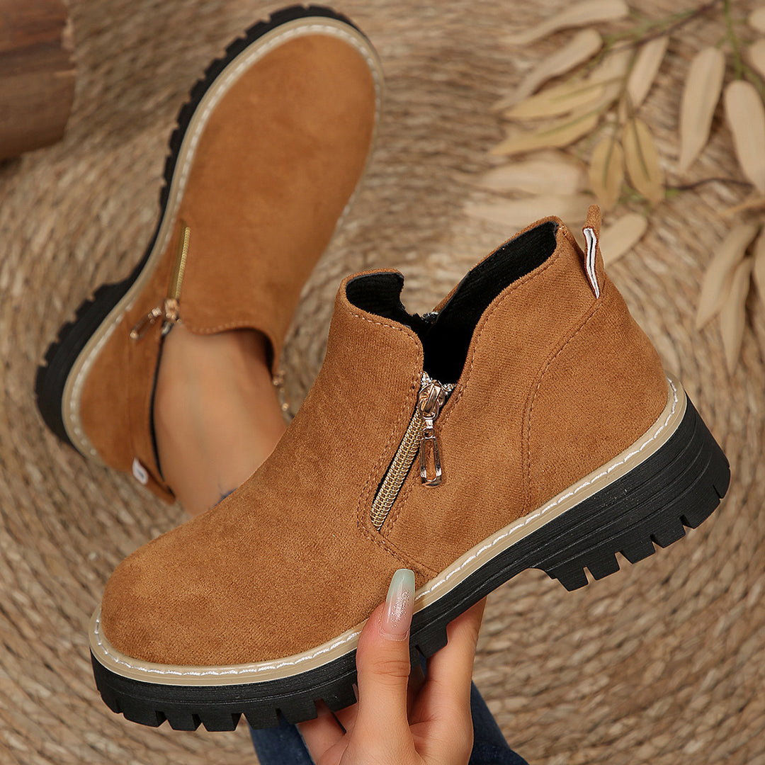 Damen Kurzschaft-Stiefelette aus Veloursoptik mit robust profilierter Sohle und seitlichem Reißverschluss Drune