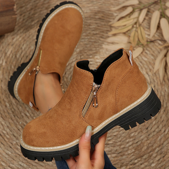 Damen Kurzschaft-Stiefelette aus Veloursoptik mit robust profilierter Sohle und seitlichem Reißverschluss Drune