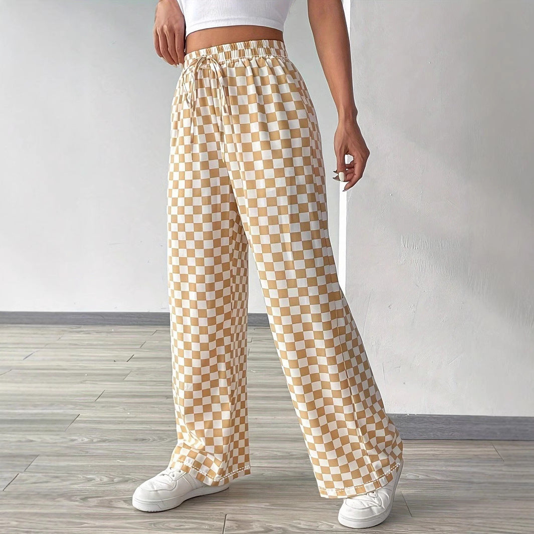Damen Weite Freizeithose mit kariertem Muster und elastischem Bund Drune