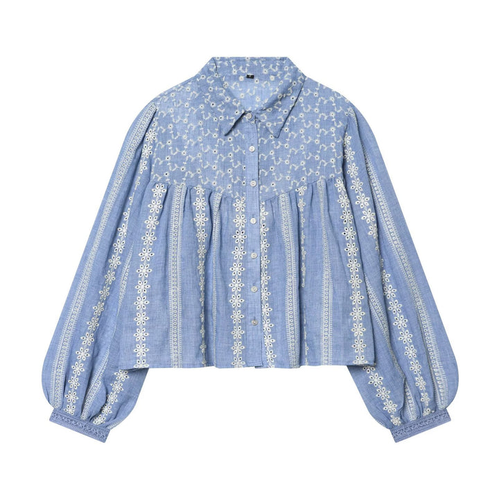Damen Bestickte Oversize-Hemdbluse mit Ballonärmeln Drune