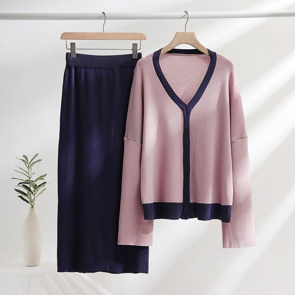 Damen elegantes Strick-Kombinationsset mit tiefem V-Ausschnitt und Kontrastdetails Drune