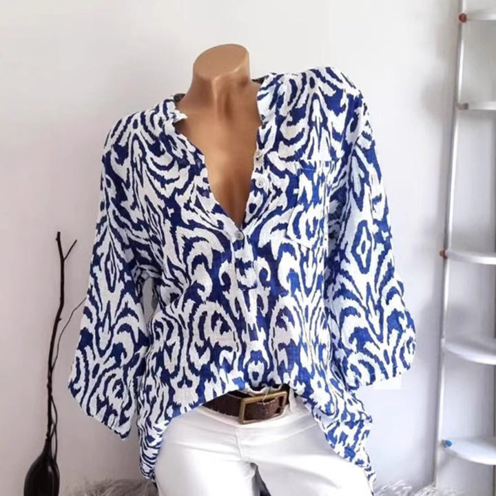 Damen nan locker geschnittene Tunika-Bluse mit Ikat‑Muster, V‑Ausschnitt und Dreiviertelärmeln Drune