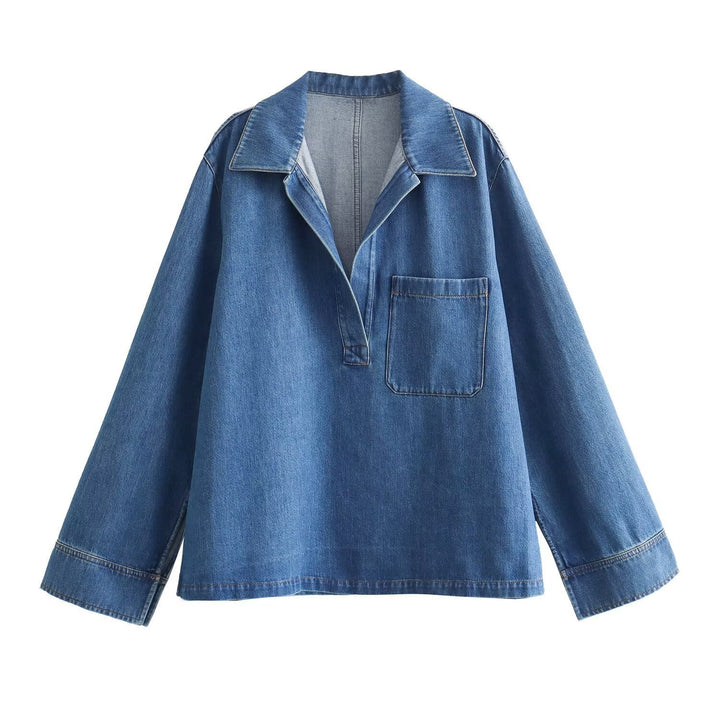 Damen nan oversized Jeanspullover mit offenem V‑Ausschnitt, großer Brusttasche und kastigem Schnitt Drune