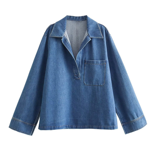 Damen nan oversized Jeanspullover mit offenem V‑Ausschnitt, großer Brusttasche und kastigem Schnitt Drune