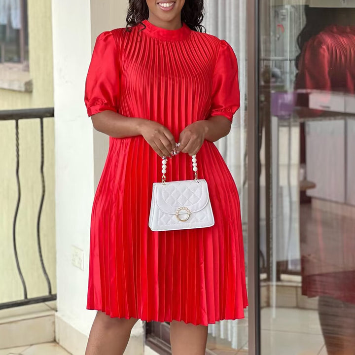 Damen Plissee Kleid mit Bindeband und halbarmigen Ärmeln Drune