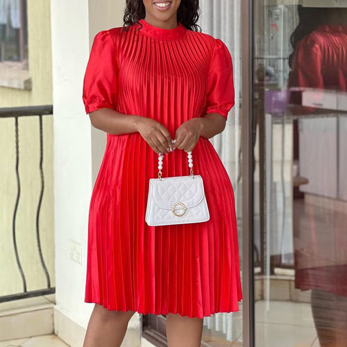 Damen Plissee Kleid mit Bindeband und halbarmigen Ärmeln Drune