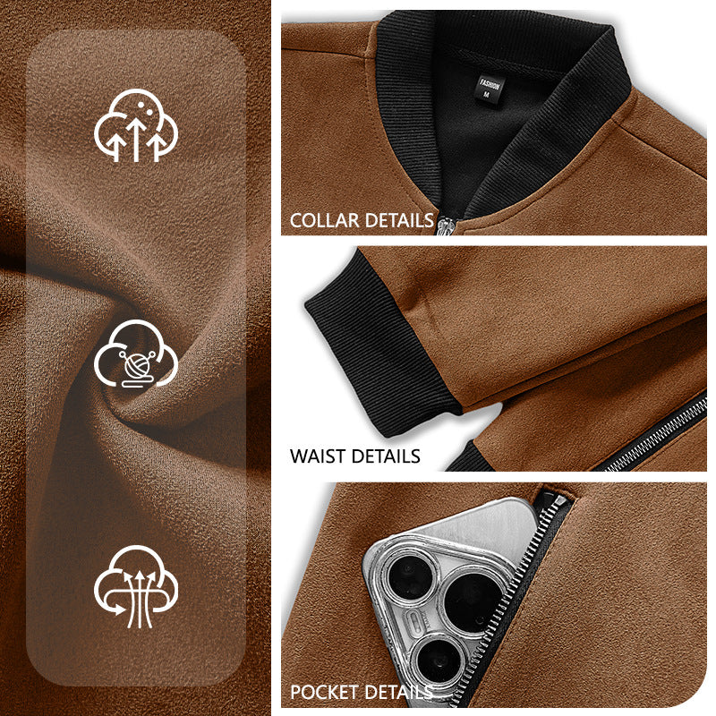 Herren Wildlederoptik Bomberjacke mit Rippenbündchen und Reißverschluss-Taschen Drune