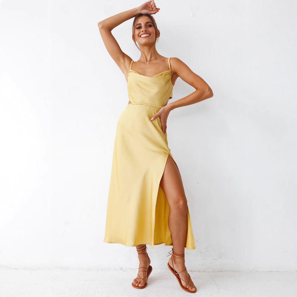 Damen Satin Maxikleid mit elegantem Wickeldesign und raffinierten Rüschen Drune