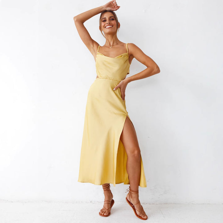 Damen Satin Maxikleid mit elegantem Wickeldesign und raffinierten Rüschen Drune