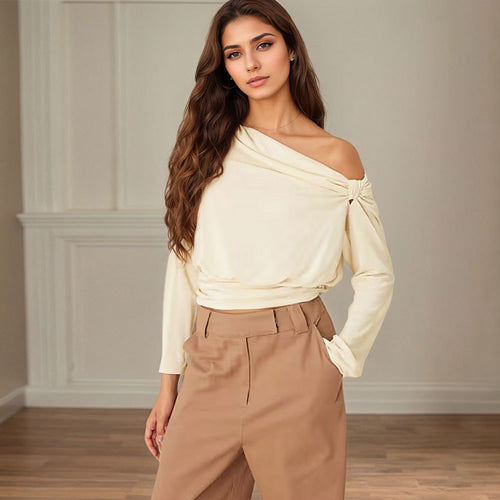 Damen asymmetrisches One-Shoulder Blusenshirt mit Knoten-Detail und tailliertem Saum Drune