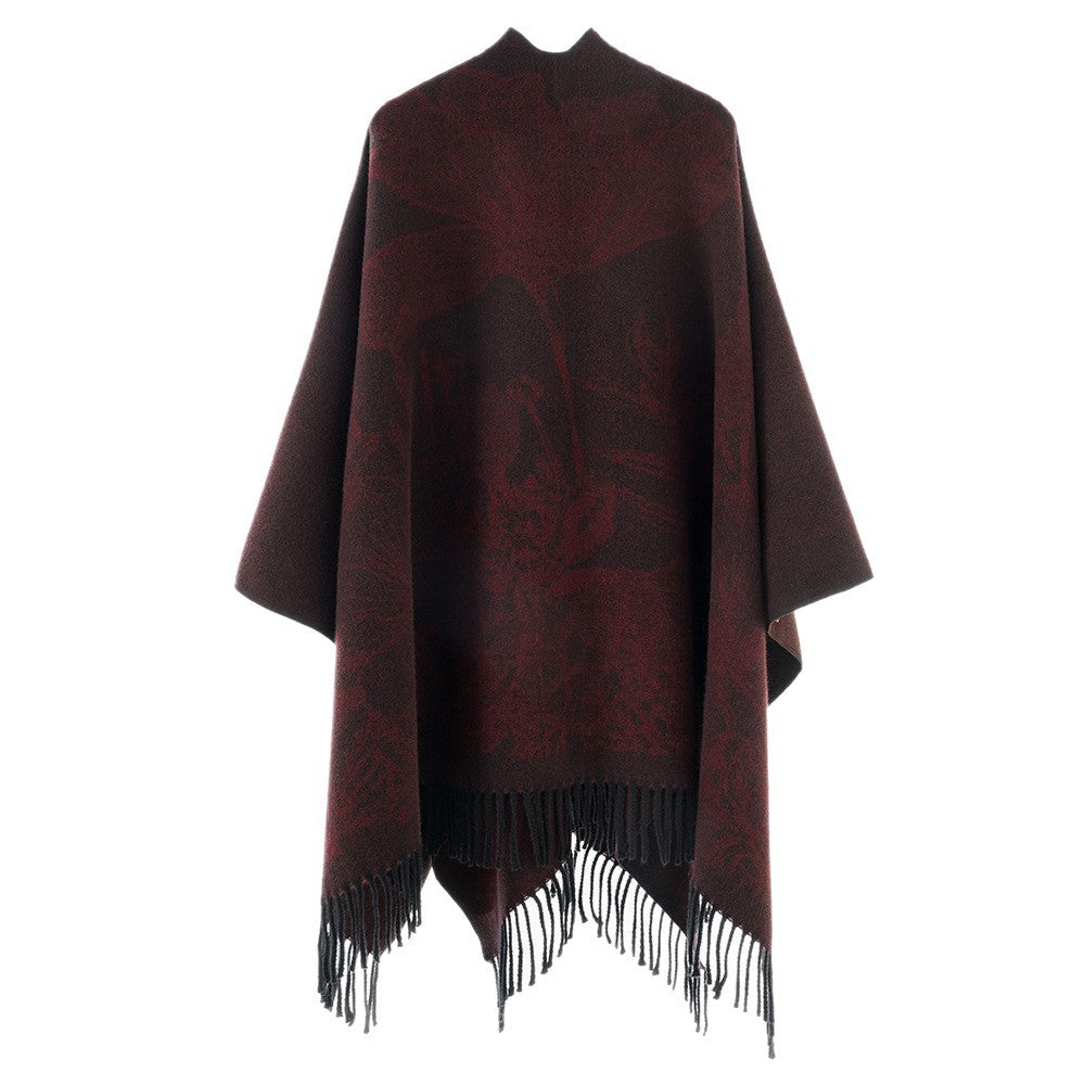 Damen V‑Ausschnitt Cape‑Poncho mit floralem Jacquard und Fransensaum Drune