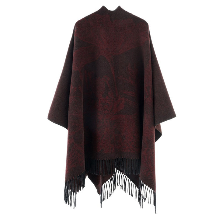 Damen V‑Ausschnitt Cape‑Poncho mit floralem Jacquard und Fransensaum Drune
