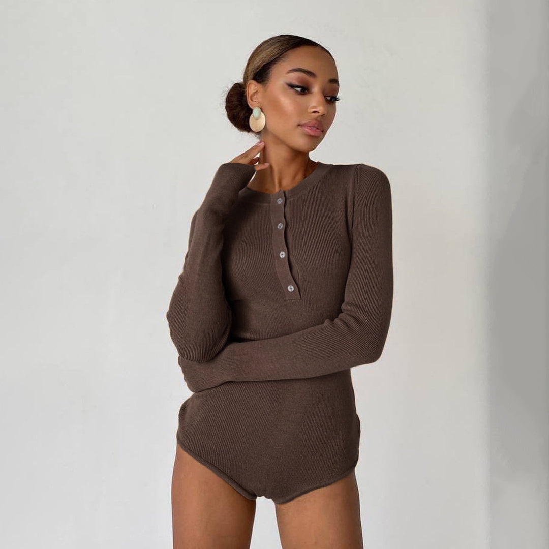 Damen Langarm Bodysuit mit Knopfdetail und strukturiertem Material Drune