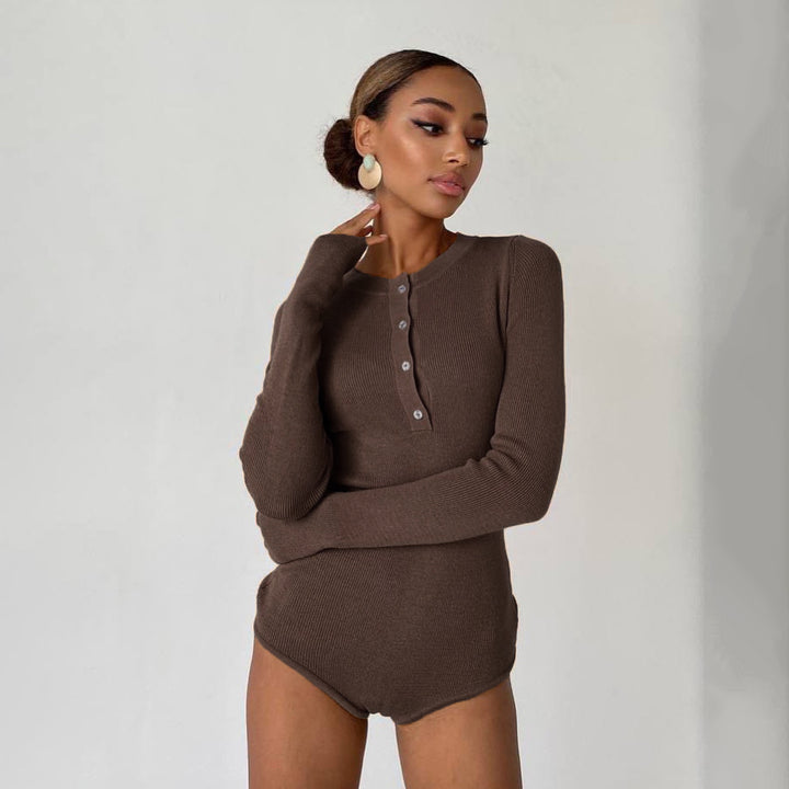 Damen Langarm Bodysuit mit Knopfdetail und strukturiertem Material Drune