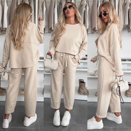 Damen lässiges Jogginganzug-Set mit verstellbarem Bund Drune