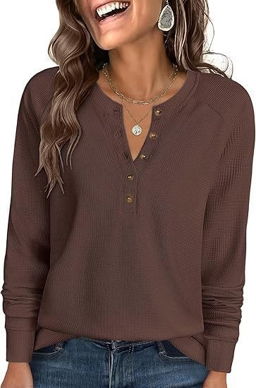 Damen Waffelstrick-Henley-Longsleeve mit Knopfleiste, Raglanärmeln und gerippten Bündchen Drune