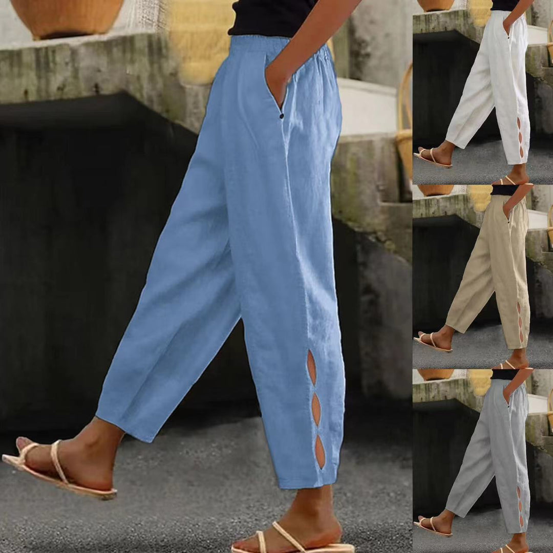 Damen Leichte Leinenhose mit seitlichen Schlitzen und elastischem Bund Drune