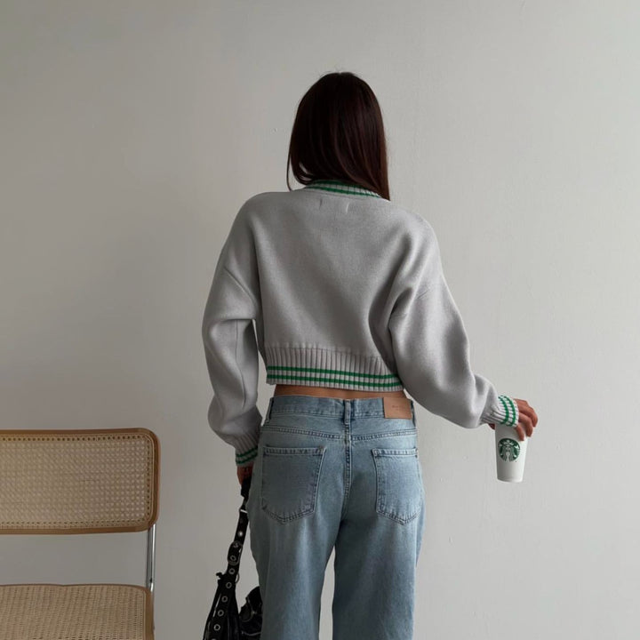 Damen trendiger, lässiger Crop-Pullover mit grafischem Schriftzug und sportlichen Akzenten Drune