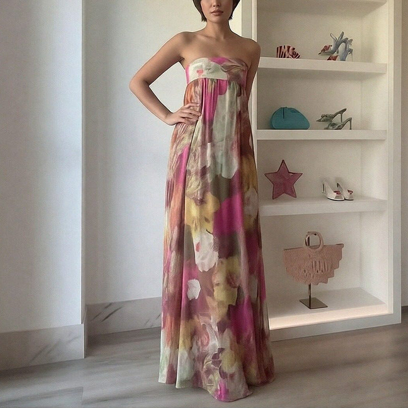 Damen Lange Strandkleid mit schulterfreiem Design und floralem Muster Drune