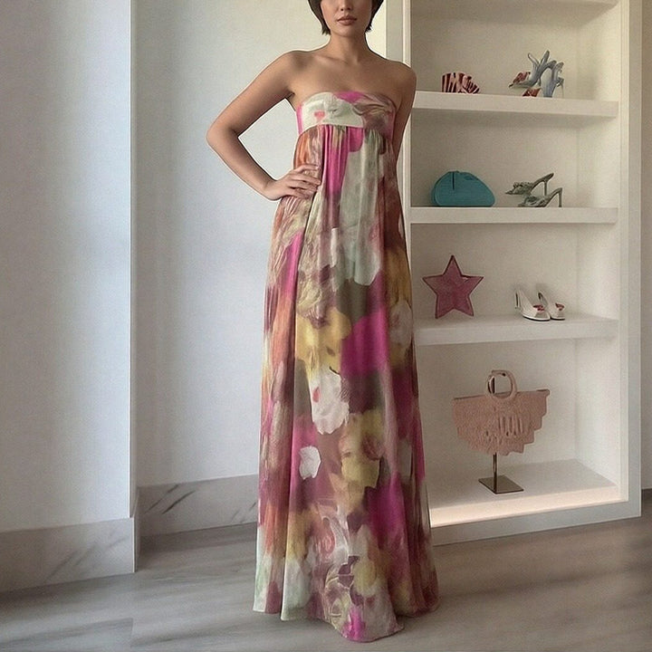 Damen Lange Strandkleid mit schulterfreiem Design und floralem Muster Drune