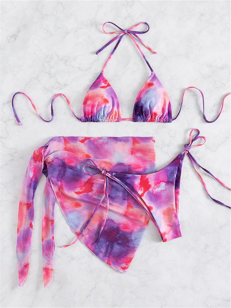 Damen Triangel-Bikini-Set mit floralem Wickelrock und verstellbaren Trägern Drune
