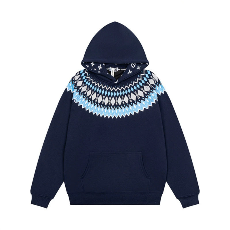 Unisex Oversize Kapuzenpullover mit nordischem Rundpasse-Jacquard, Kängurutasche und Rippbündchen Drune