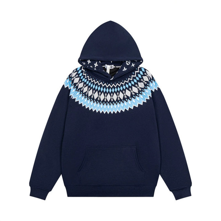 Unisex Oversize Kapuzenpullover mit nordischem Rundpasse-Jacquard, Kängurutasche und Rippbündchen Drune