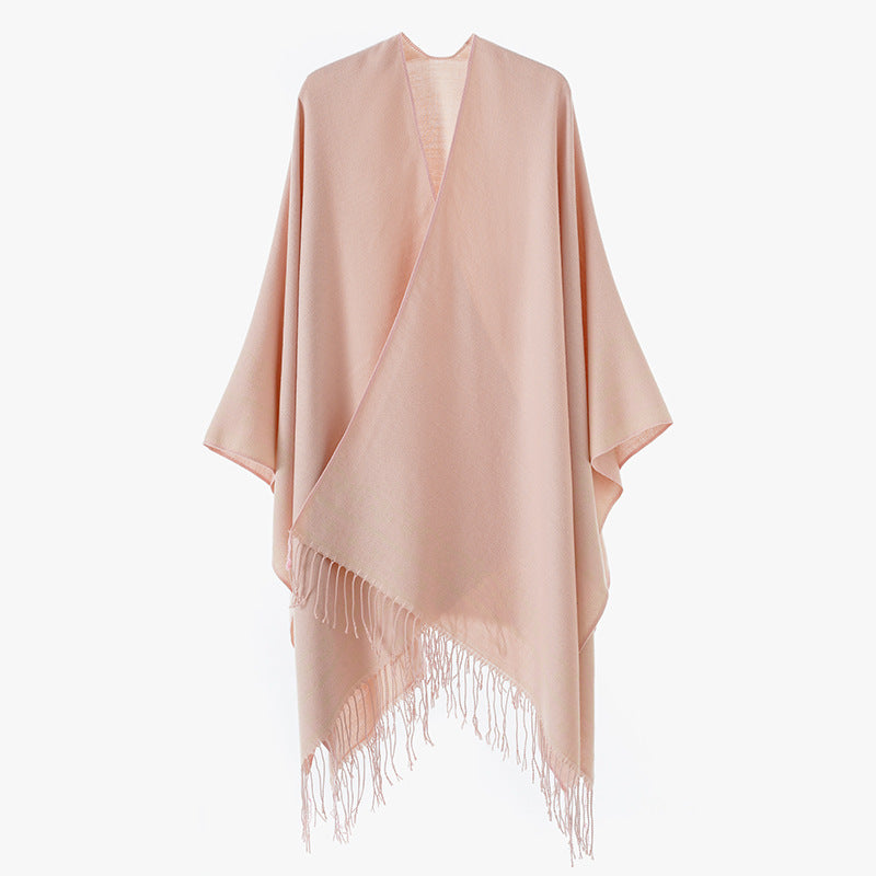 Damen Überwurfponcho aus Wollmix mit dezentem Jacquardbordüren‑Muster und Fransensaum Drune