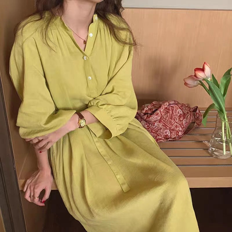 Damen Weites Leinenmix-Maxikleid mit Stehkragen, Kordel-Taille und Ballonärmeln Drune