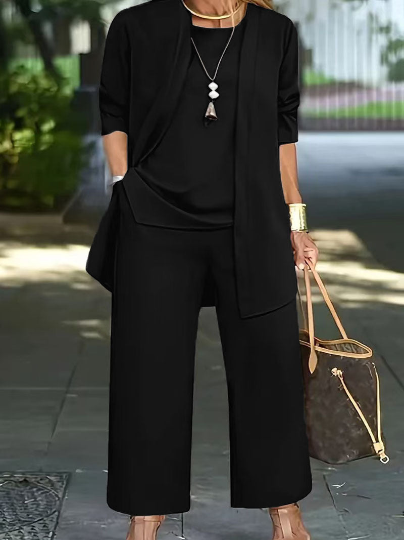 Damen Elegantes Zweiteiler-Set mit offenem Longcardigan, ärmellosem Top und weiter Palazzo-Hose Drune