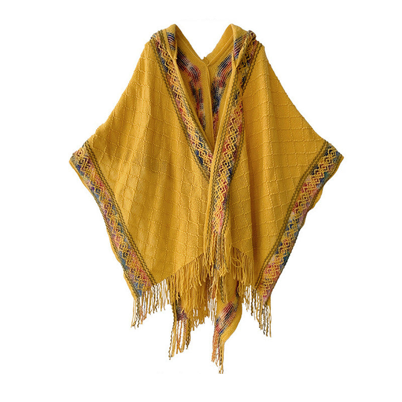 Damen Kapuzenponcho mit Fransen und gewebten Bordüren-Details Drune