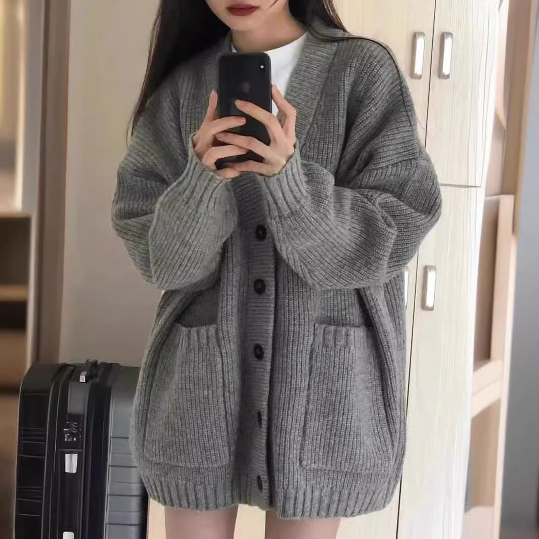 Damen Großer Strickcardigan mit tiefem V-Ausschnitt und praktischen Taschen Drune