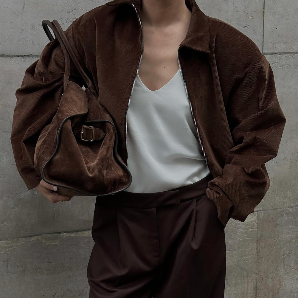 Damen Modische Cordjacke mit lässigem Schnitt und geradem Kragen Drune