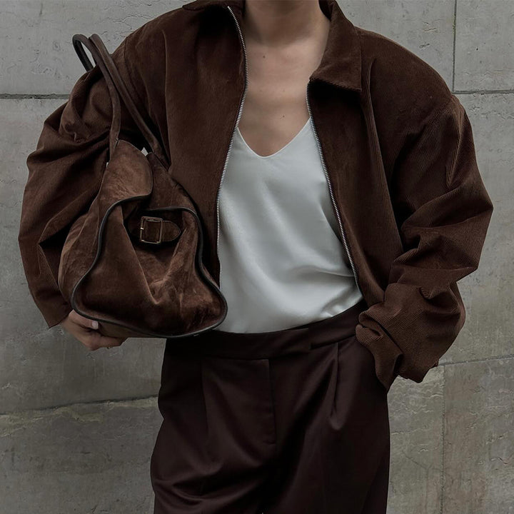 Damen Modische Cordjacke mit lässigem Schnitt und geradem Kragen Drune
