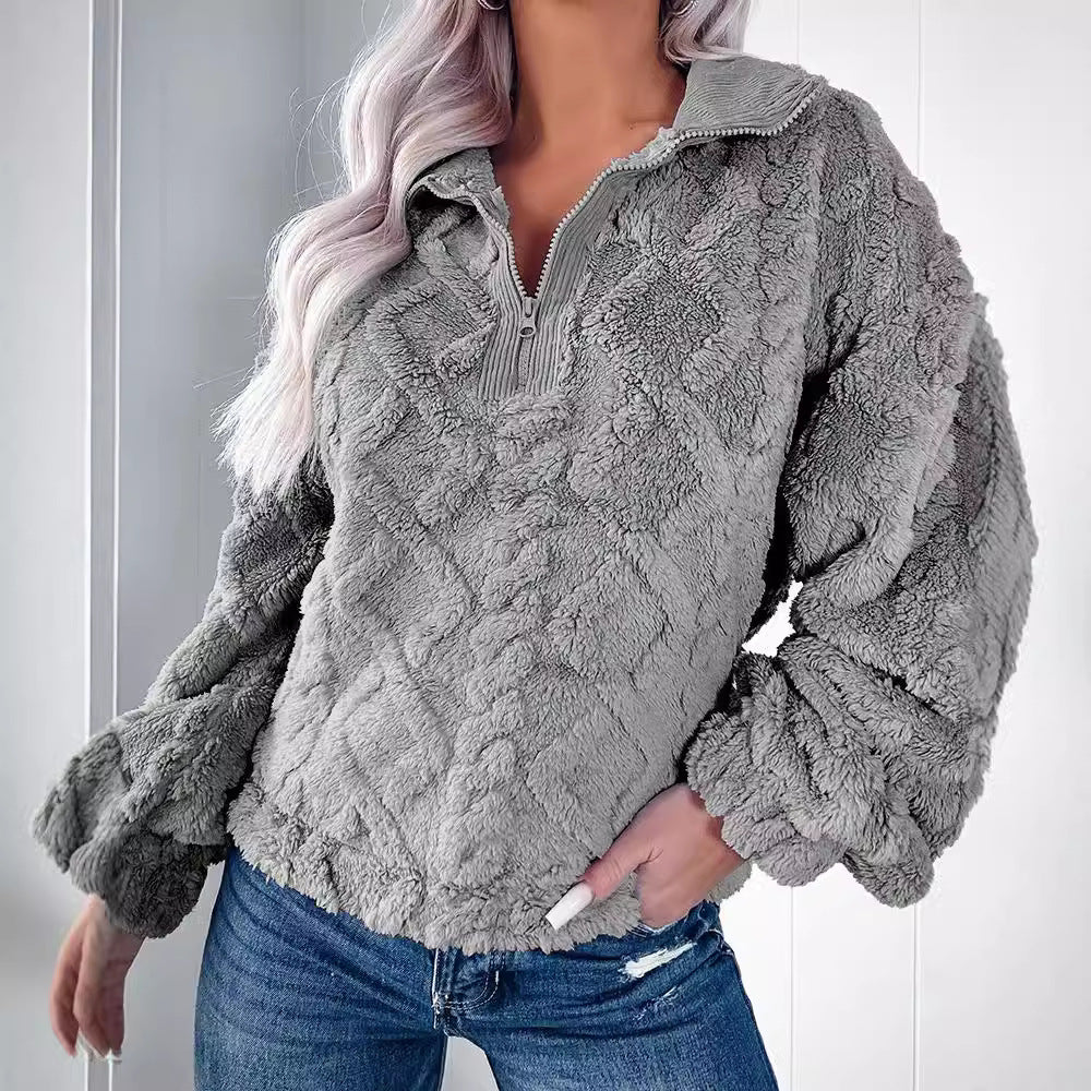Damen Kuscheliger Fleece-Pullover mit halbem Reißverschluss und Volumenärmeln Drune