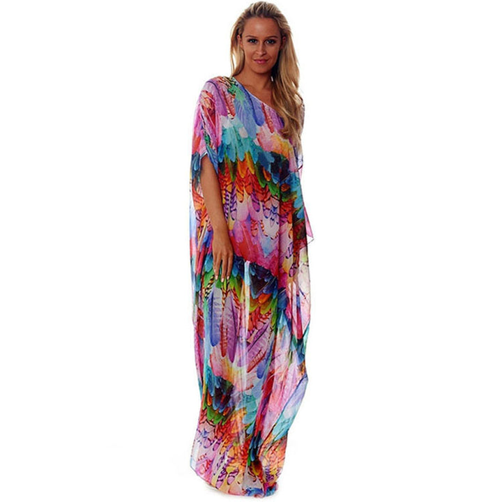 Damen Strandkaftan mit buntem Federdesign und luftigem Schnitt Drune